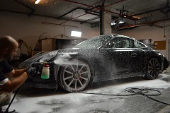 Exterior pretreat using foam cannon to loosen all dirt, grime and debris prior to hand washing