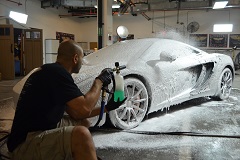 Exterior pretreat using foam cannon to loosen all dirt, grime and debris prior to hand washing