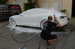 Exterior pretreat using foam cannon to loosen all dirt, grime and debris prior to hand washing